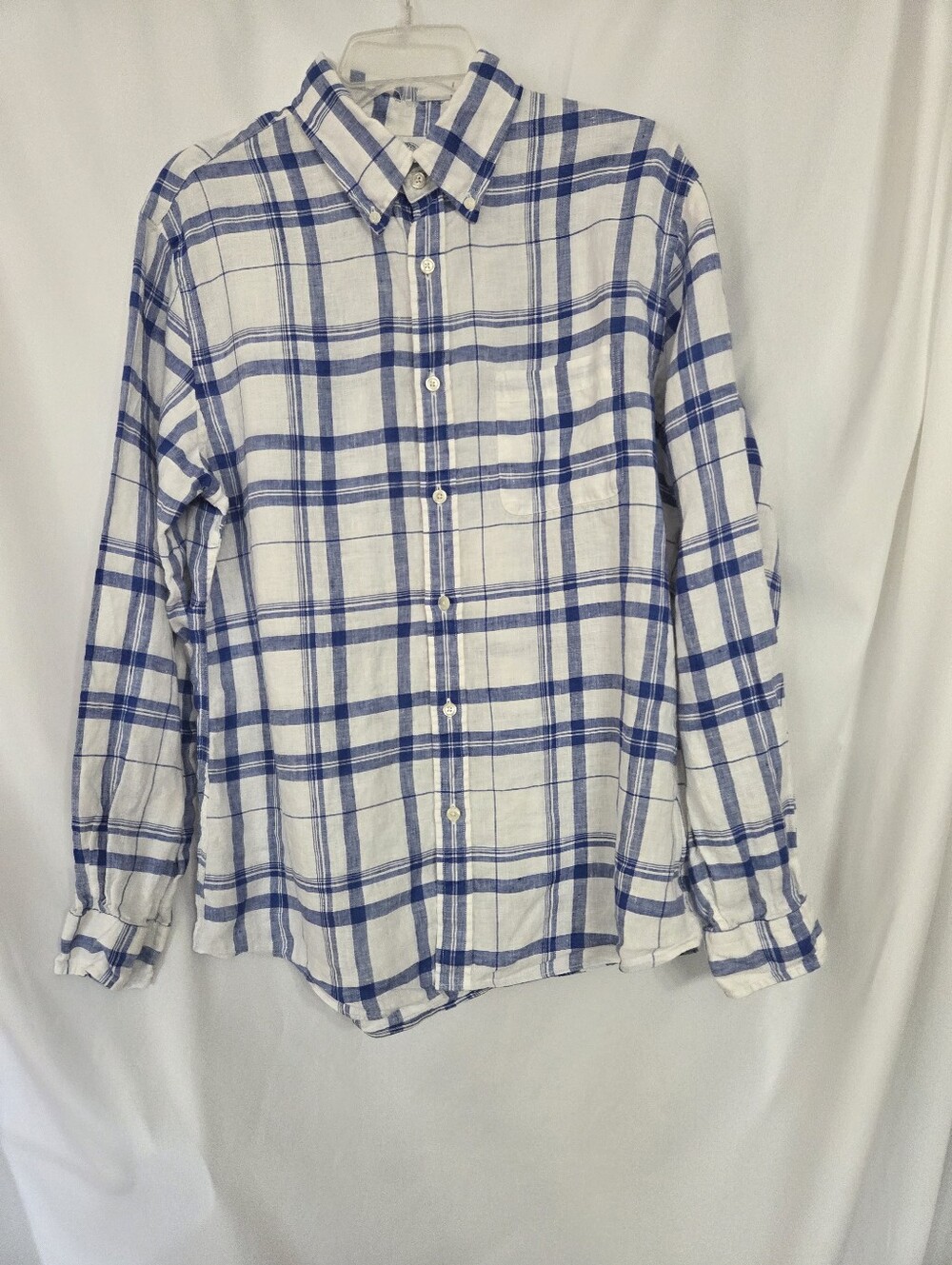 Brooks Brothers White/ Blue Plaid Linen Button-Down Shirt Size L